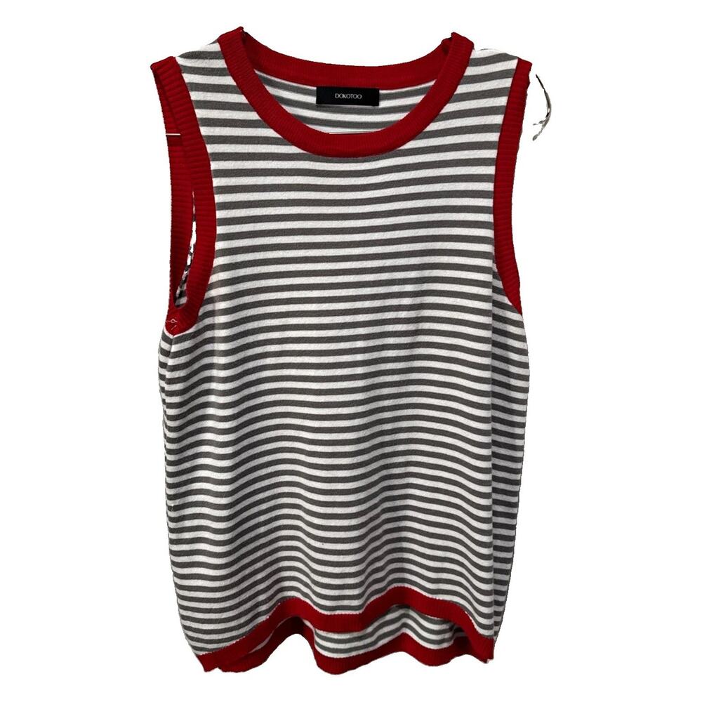 Dokotoo Women's Sleeveless Knit Top, Red Trim, Gray/White Striped, Size Medium